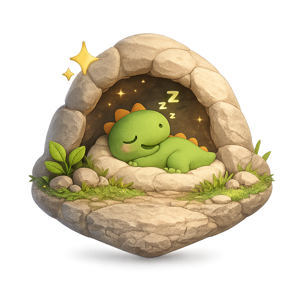 A dinosaur resting peacefully in a cozy cave